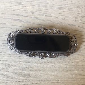 Vintage Style 925 Marcasite and Black Gem Brooch
